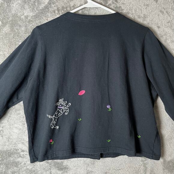 Vintage Whimsical Puppy Embroidered Cardigan Black Button Up Dog Lover Medium - Picture 6 of 7